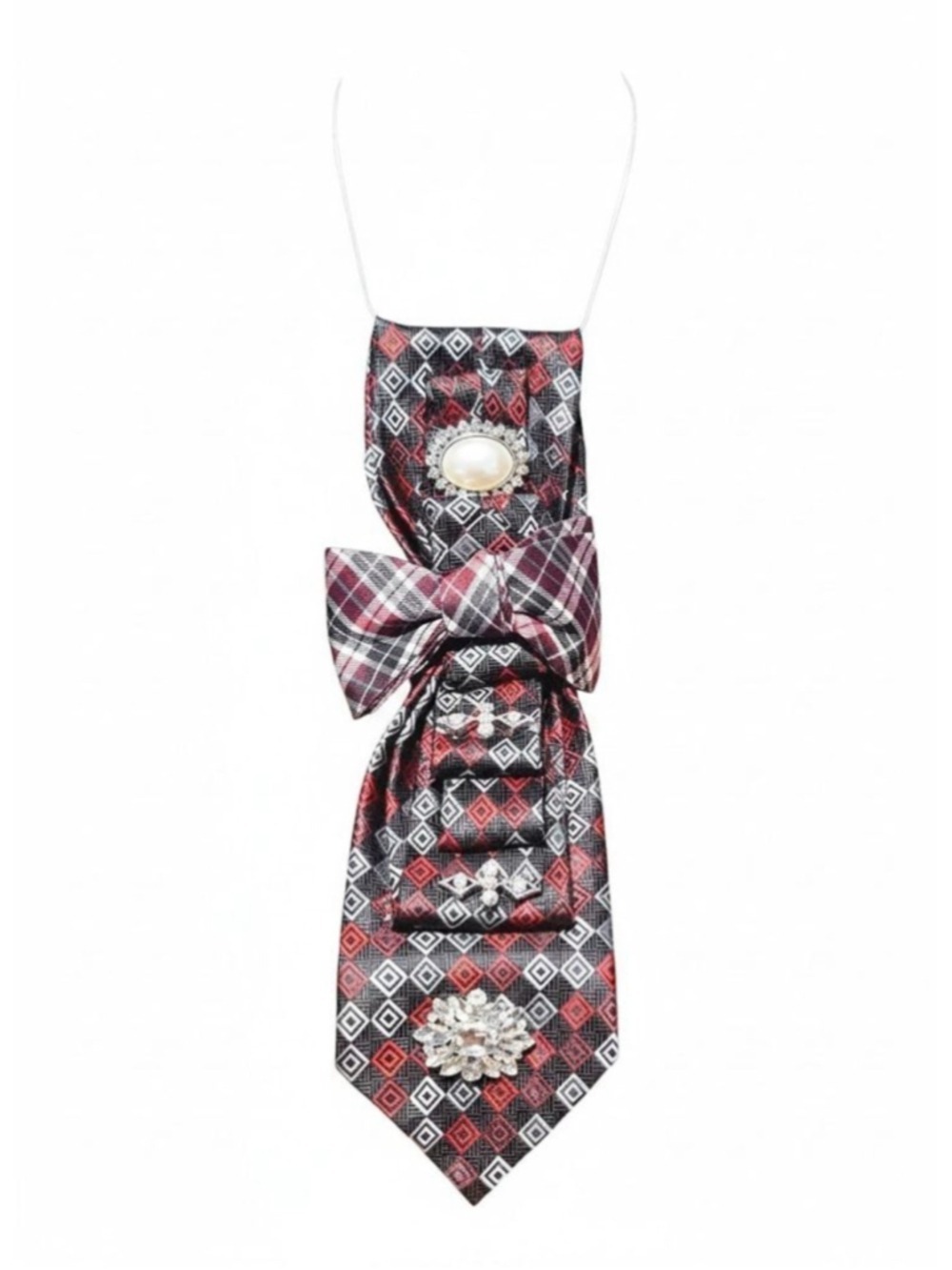 Unbranded Red Black Plaid Embellished Scarf One Size - Picture 1 of 9